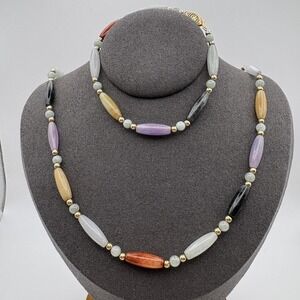 14K Yellow Gold Multicolor Jade Beaded Necklace Bracelet Set 18in 7.25in 23.09g